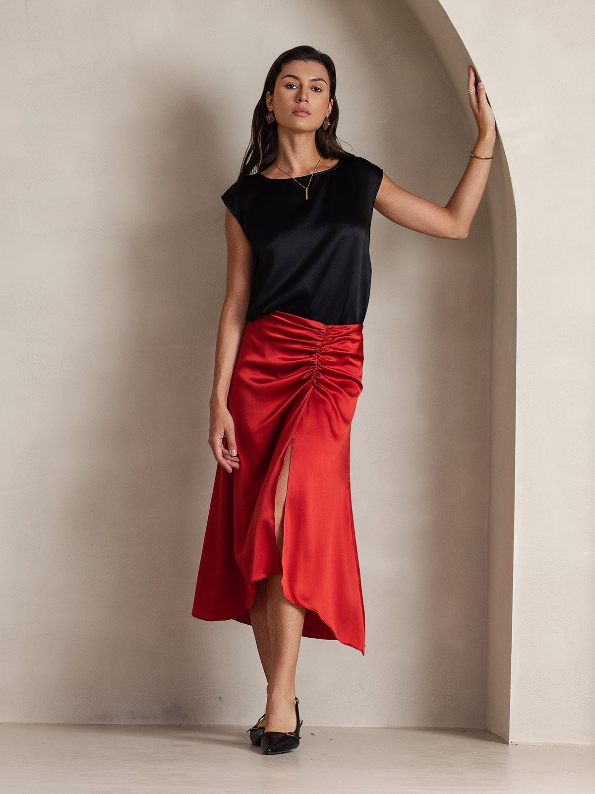 [Black] SilkSilky-AU 19Momme Silk Round Neck Women's T-Shirt 007