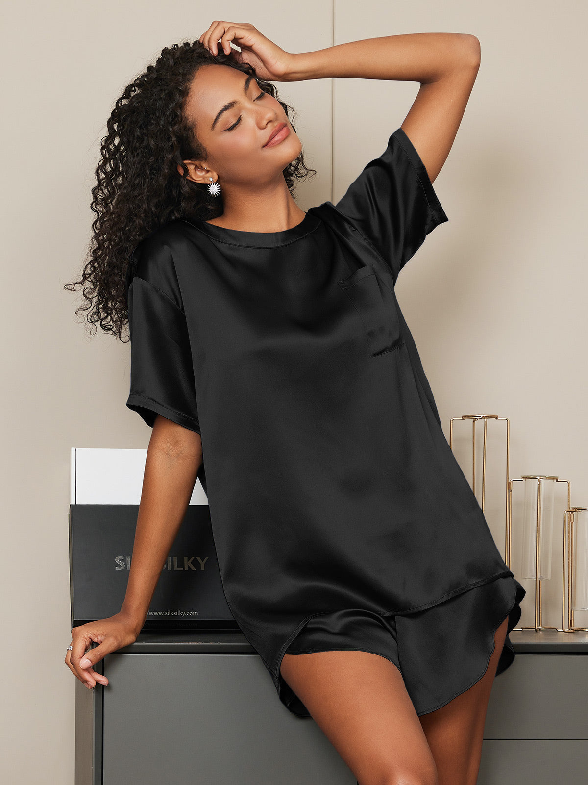 [Black] SilkSilky-AU Pure Silk Round Neck Women's Pyjamas 006