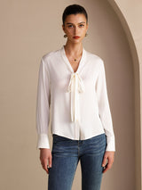 [White] SilkSilky-AU Long Sleeve Tie Neck Women's Blouse 001