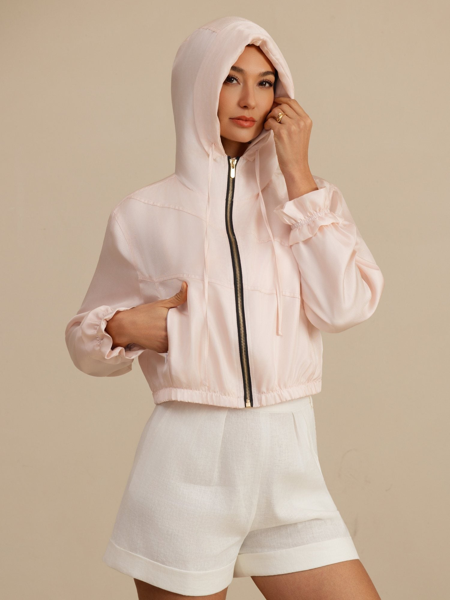 [Pink] SilkSilky-AU 18Momme Silk Satin Surah Long Sleeve High Neck Women's Outerwear 006