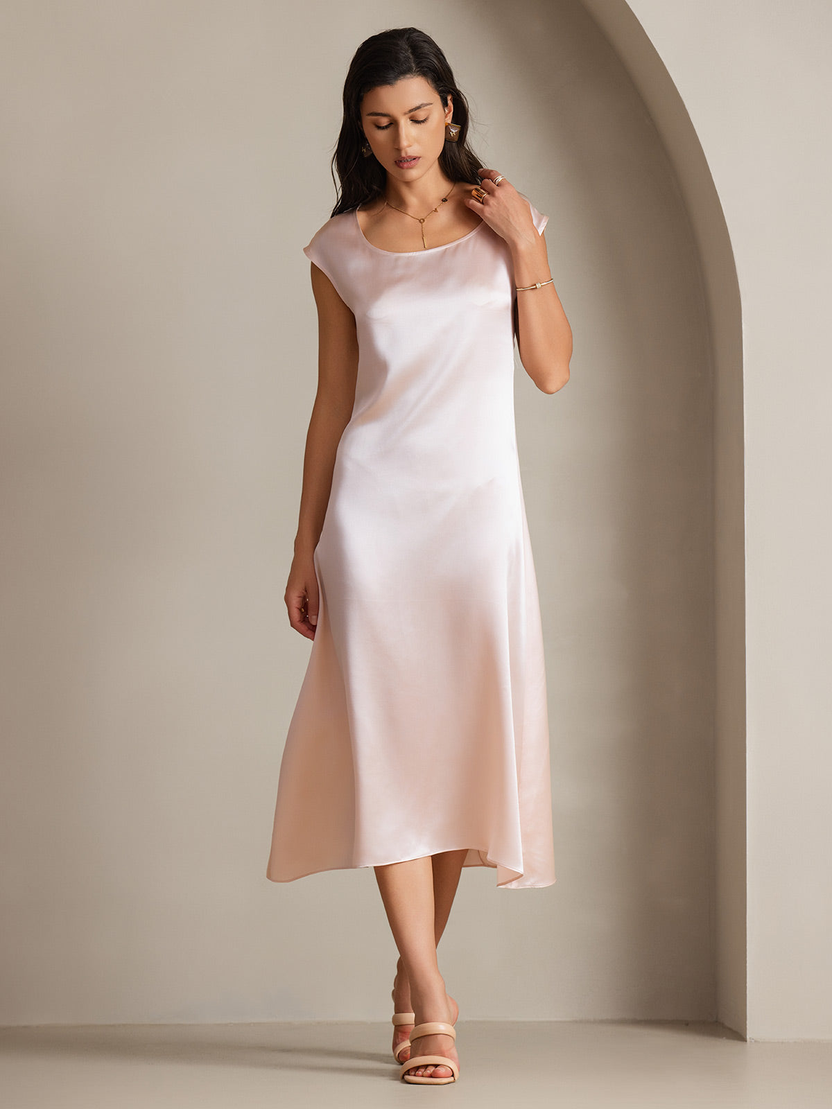 SilkSilky-AU 19Momme Silk Sleeveless Round Neck Dress Pink 005