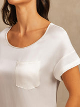 [White] SilkSilky-AU 19Momme Machine-Washable Silk Short Sleeve Round Neck Nightgown 004