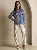 [Navy Stripe] SilkSilky-AU Long Sleeve Lapel Collar Women's Shirt 008