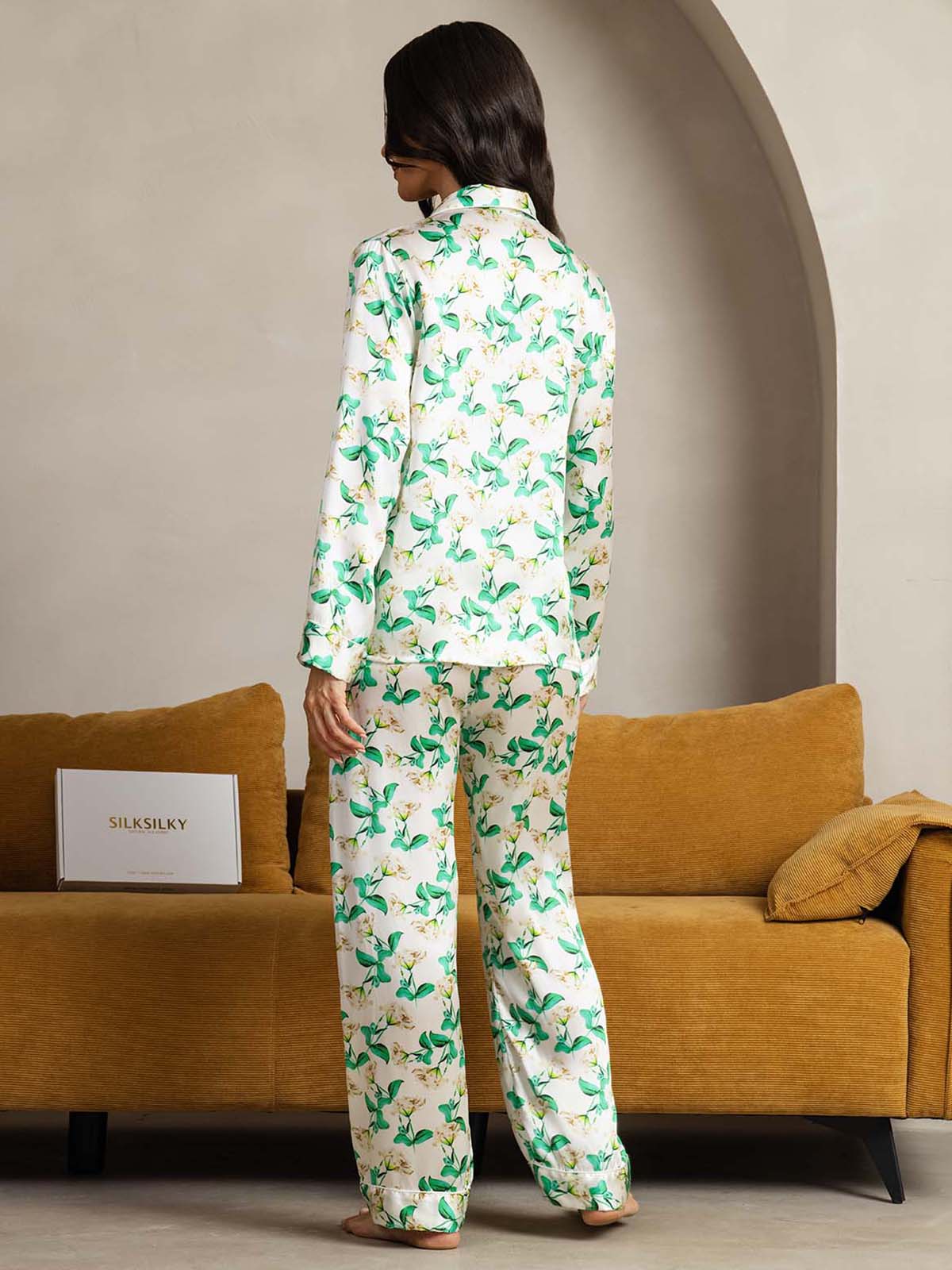 [Green Floral] SilkSilky-AU Pure Silk Womens Pajamas 002