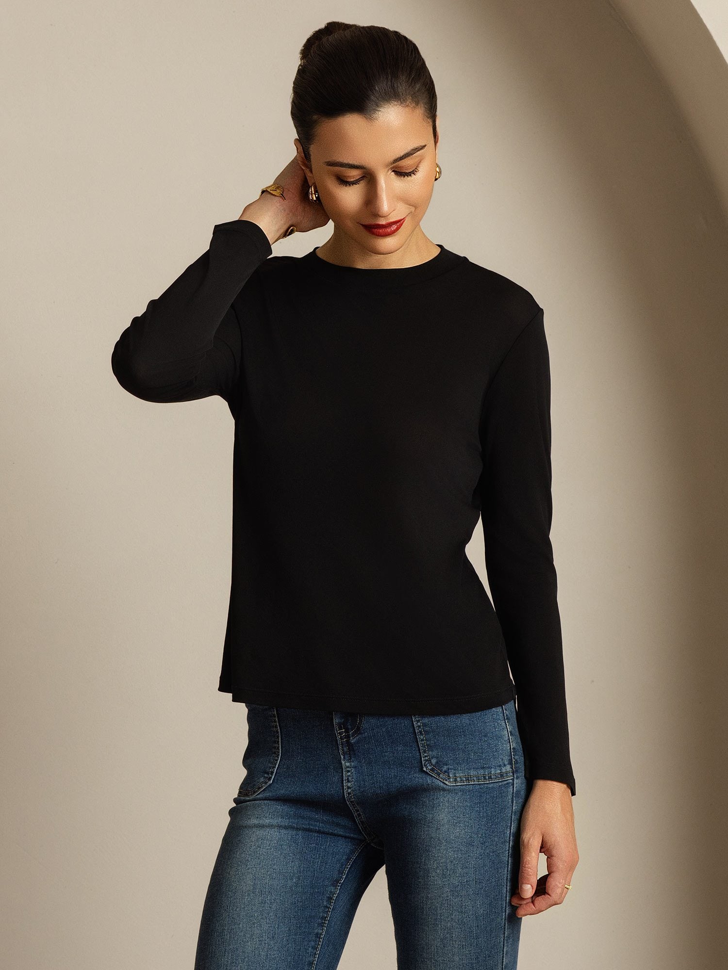[Black] SilkSilky-AU Pure Silk Round Neck Women's T-Shirt 006
