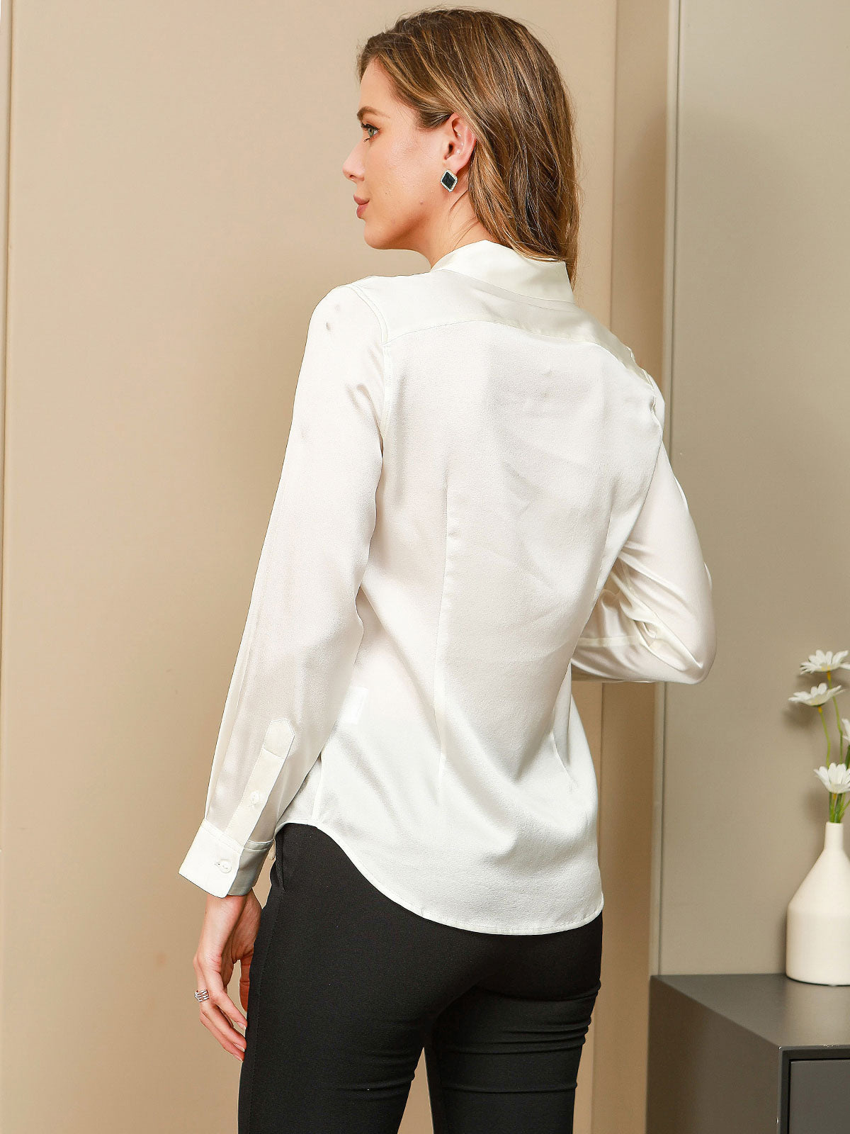[White] SilkSilky-AU Silk Long Sleeve Lapel Collar Women's Shirt 002
