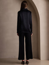 [Black] SilkSilky-AU 19Momme Stretch Silk Charmeuse Long Sleeve Lapel Collar Women's Shirt 002