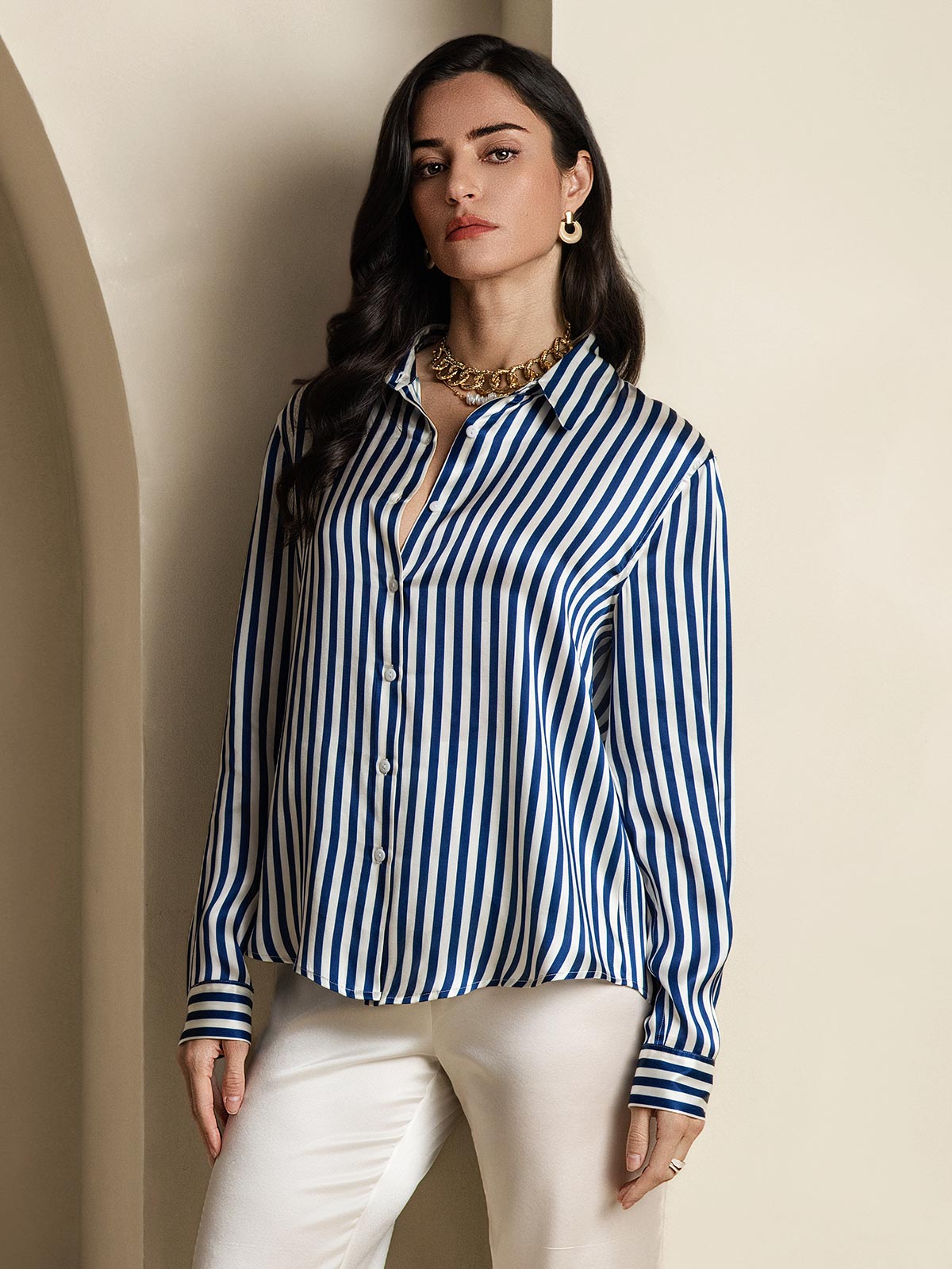 [Navy Stripe] SilkSilky-AU Long Sleeve Lapel Collar Women's Shirt 004