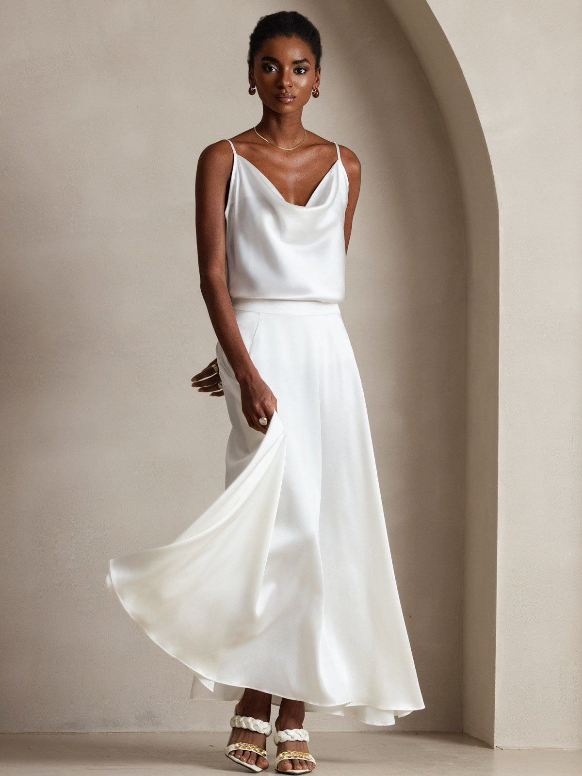 [White] SilkSilky-AU 19Momme Silk Spaghetti Strap Cowl Neck Camisole 007