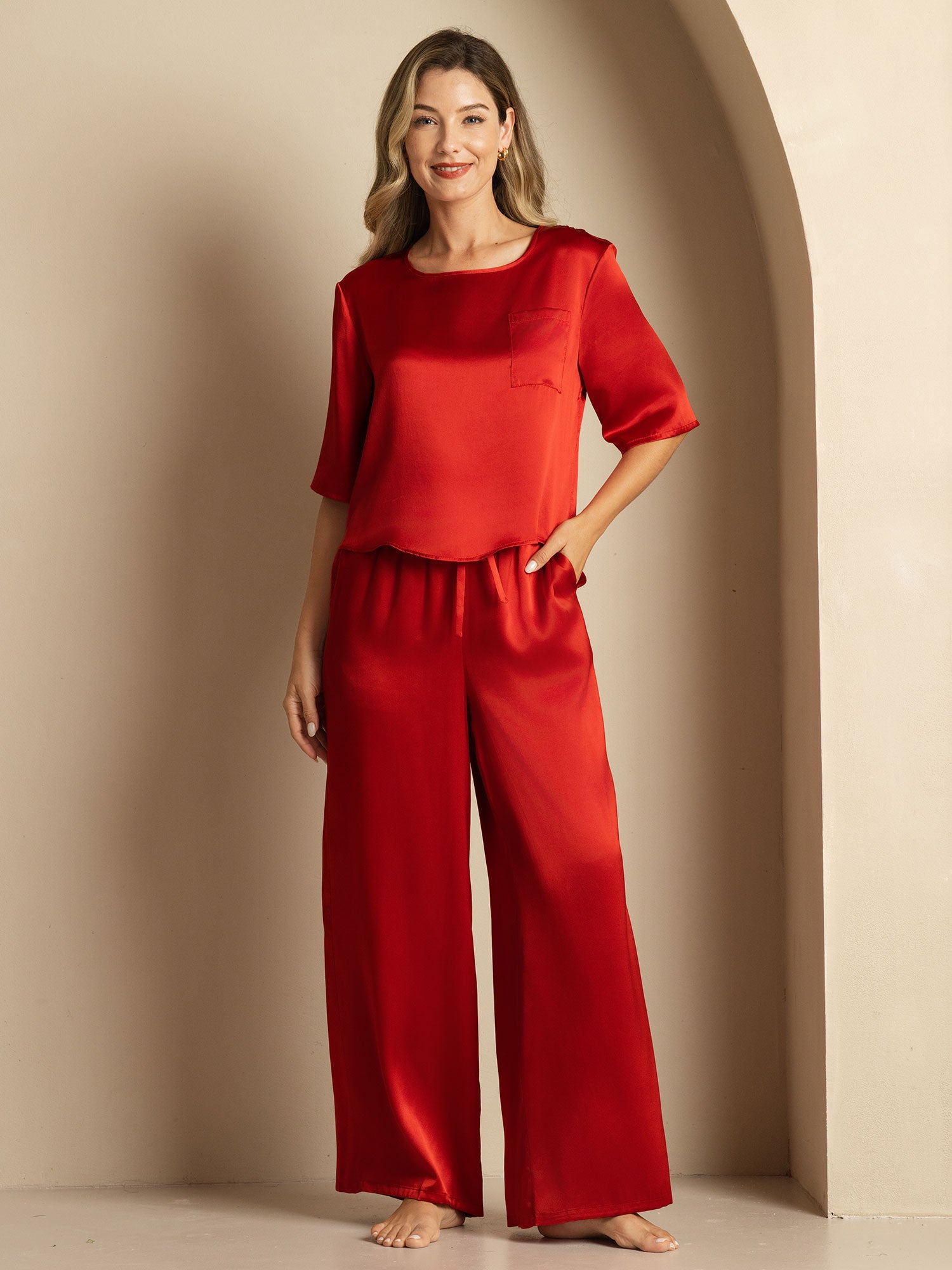 [Wine] SilkSilky-AU Pure Silk Round Neck Women's Pyjamas 003