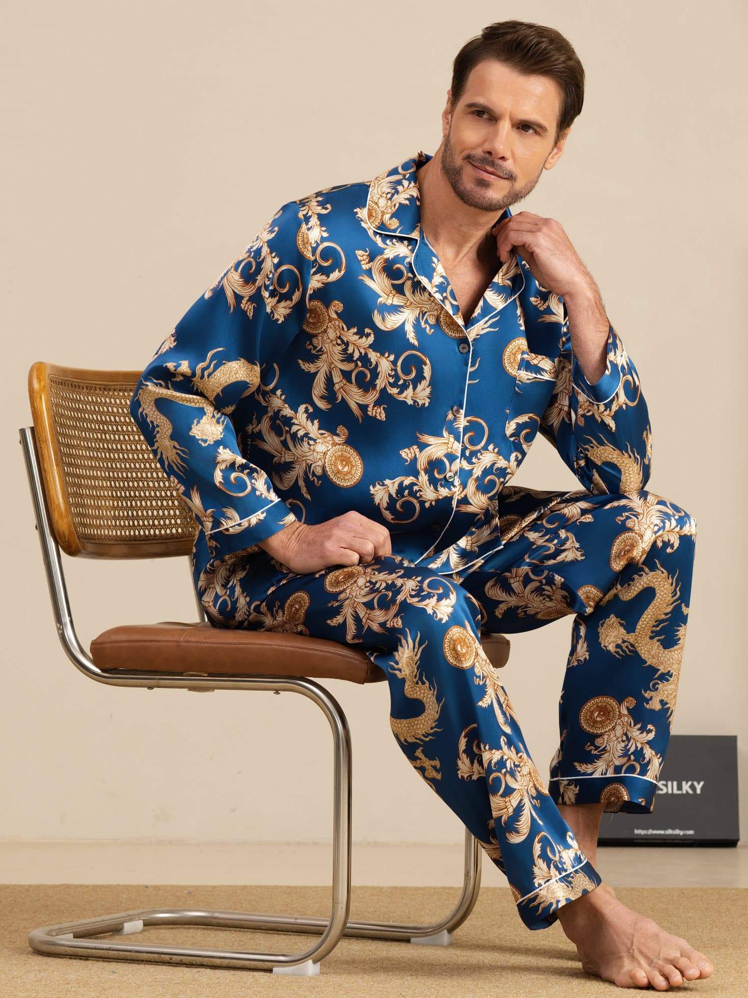 [Navy Dragon] SilkSilky-AU Long Sleeve Notch Collar Men's Pyjamas 001