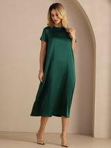 [Dark Green] SilkSilky-AU Short Sleeve Round Neck Dress 004