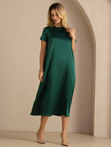 [Dark Green] SilkSilky-AU Short Sleeve Crew Neck Dress 004