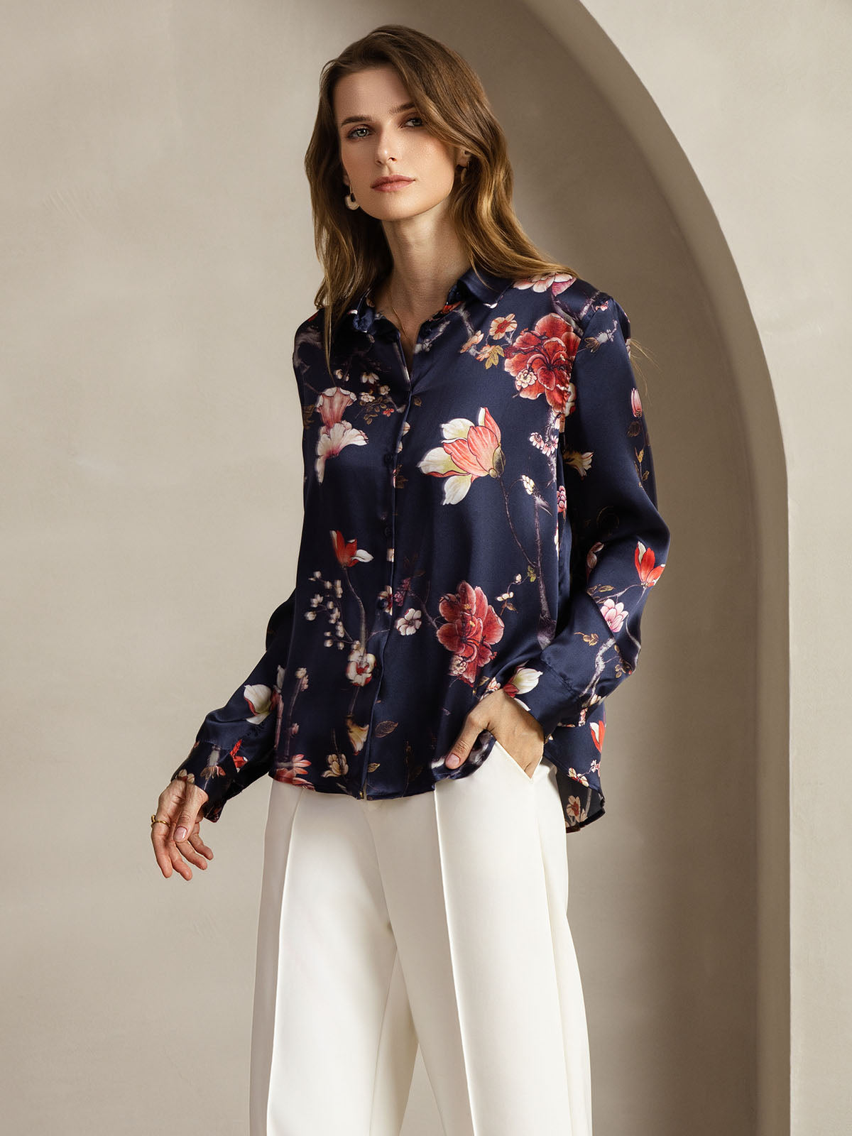 [Navy Floral] SilkSilky-AU Silk Long Sleeve Lapel Collar Women's Shirt 004