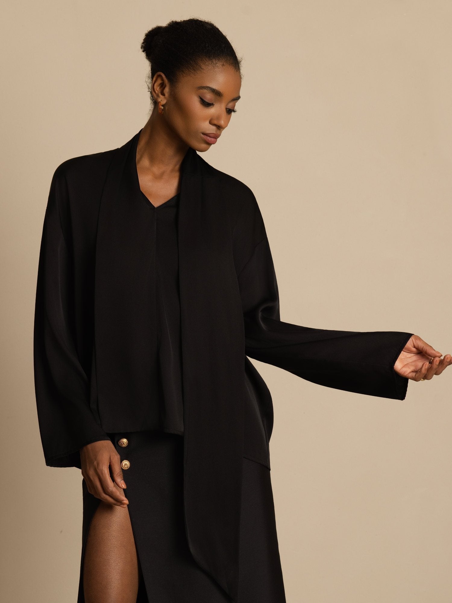 [Black] SilkSilky-AU 19Momme Stretch Silk Double Georgette Long Sleeve V Neck Blouse 003