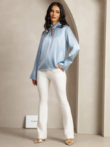 [Grayish Blue] SilkSilky-AU 19Momme Silk Keyhole Neck Women's Shirt 012