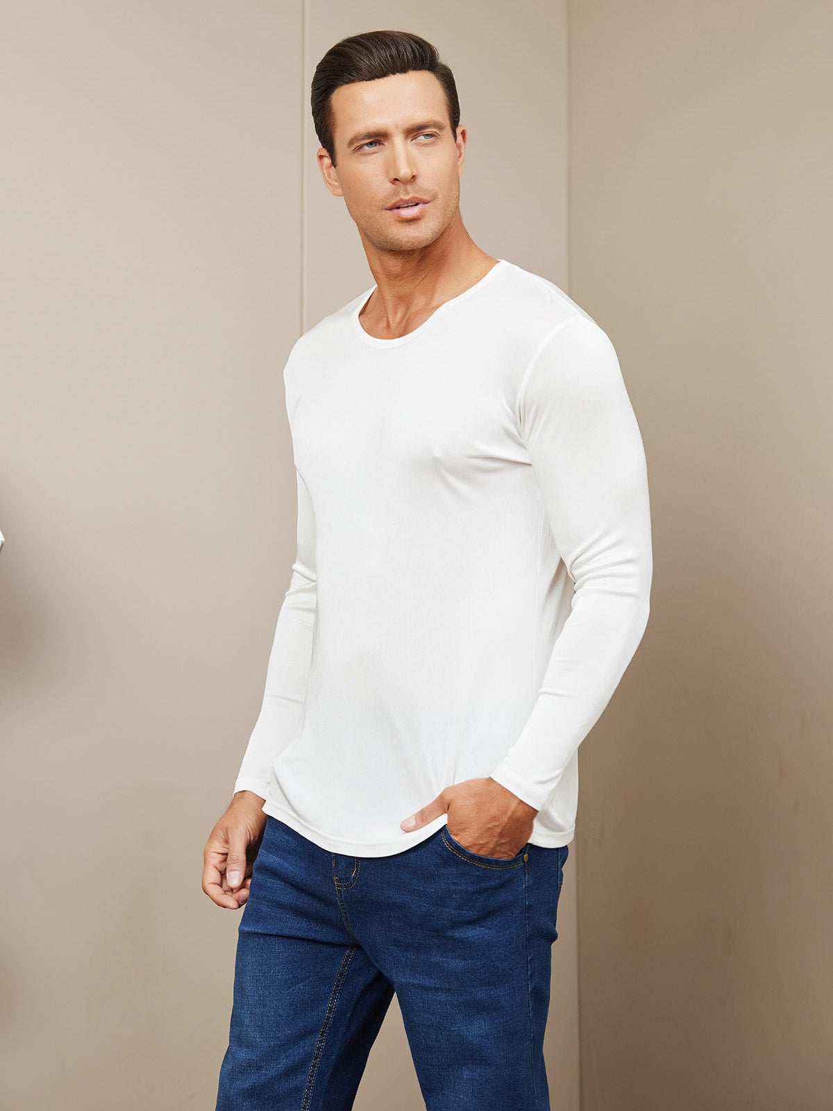 SilkSilky AU Silk Knitted Long Sleeve Round Neck Men's T Shirt White 001