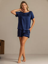 [Dark Blue] SilkSilky-AU 19Momme Machine-Washable Silk Short Sleeve Round Neck Women's Pyjamas 006
