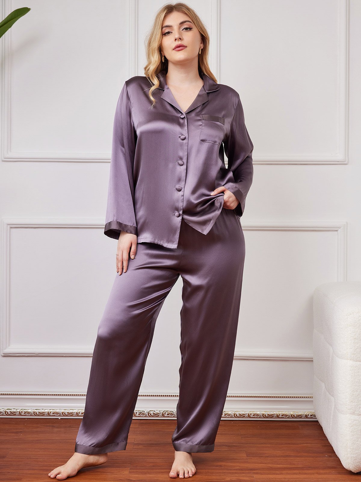 SilkSilky AU Pure Silk Long Sleeve Lapel Plus Size Pyjamas PurpleGray 001