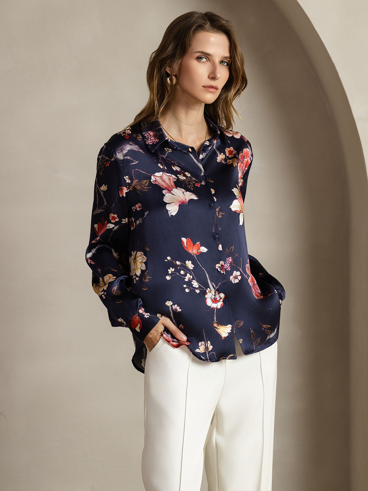 [Navy Floral] SilkSilky-AU Silk Lapel Collar Women's Shirt 001