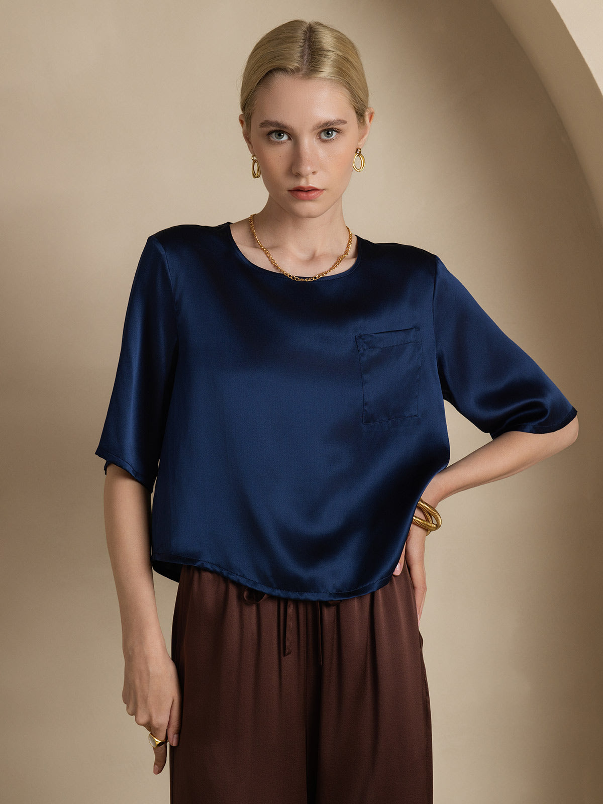 [Dark Blue] SilkSilky-AU Pure Silk Boat Neck Women's T-Shirt 003