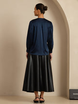 [Dark Blue] SilkSilky-AU 19Momme Long Sleeve Round Neck Blouse 002