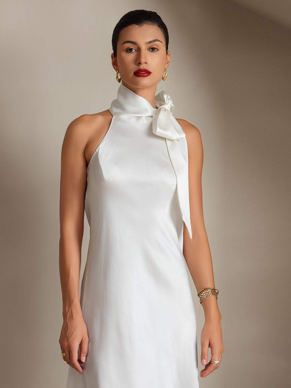 SilkSilky AU 19Momme Silk Sleeveless Tie Neck Dress White 003