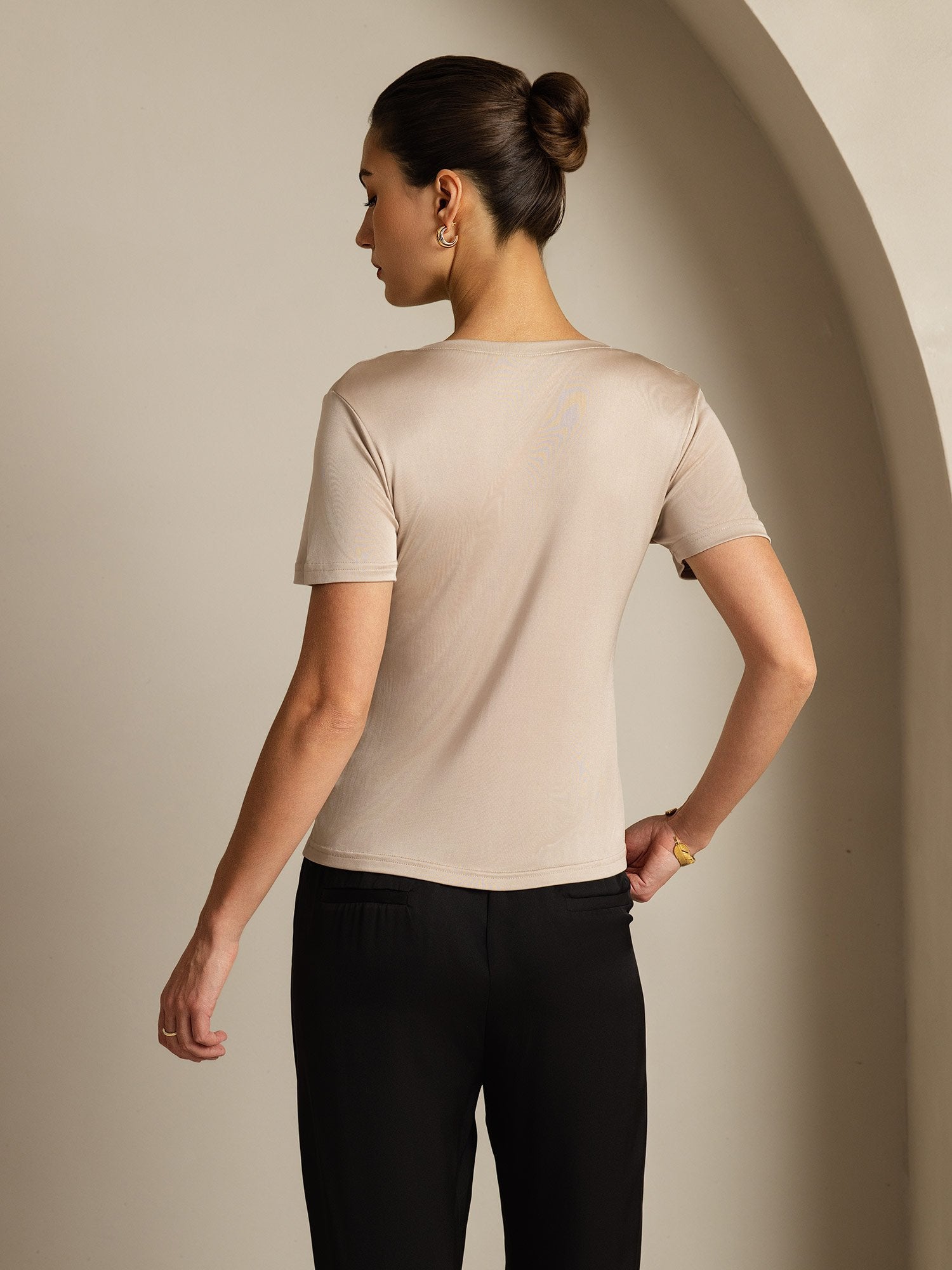 [LightKhaki] SilkSilky-AU Pure Silk V Neck Women's T-Shirt 002