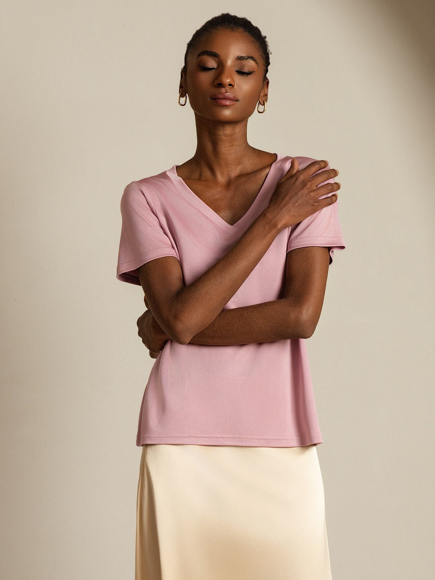 [PaleMauve] SilkSilky-AU Pure Silk V Neck Women's T-Shirt 008