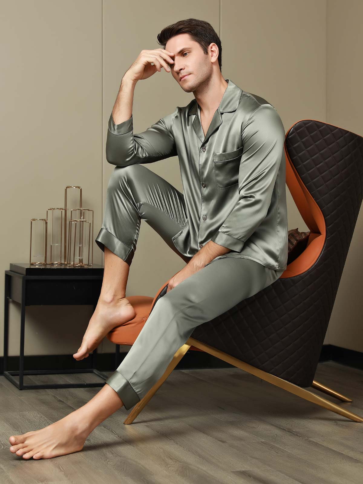 SilkSilky AU Pure Silk Long Sleeve Lapel Men's Pyjamas GrayishGreen 005