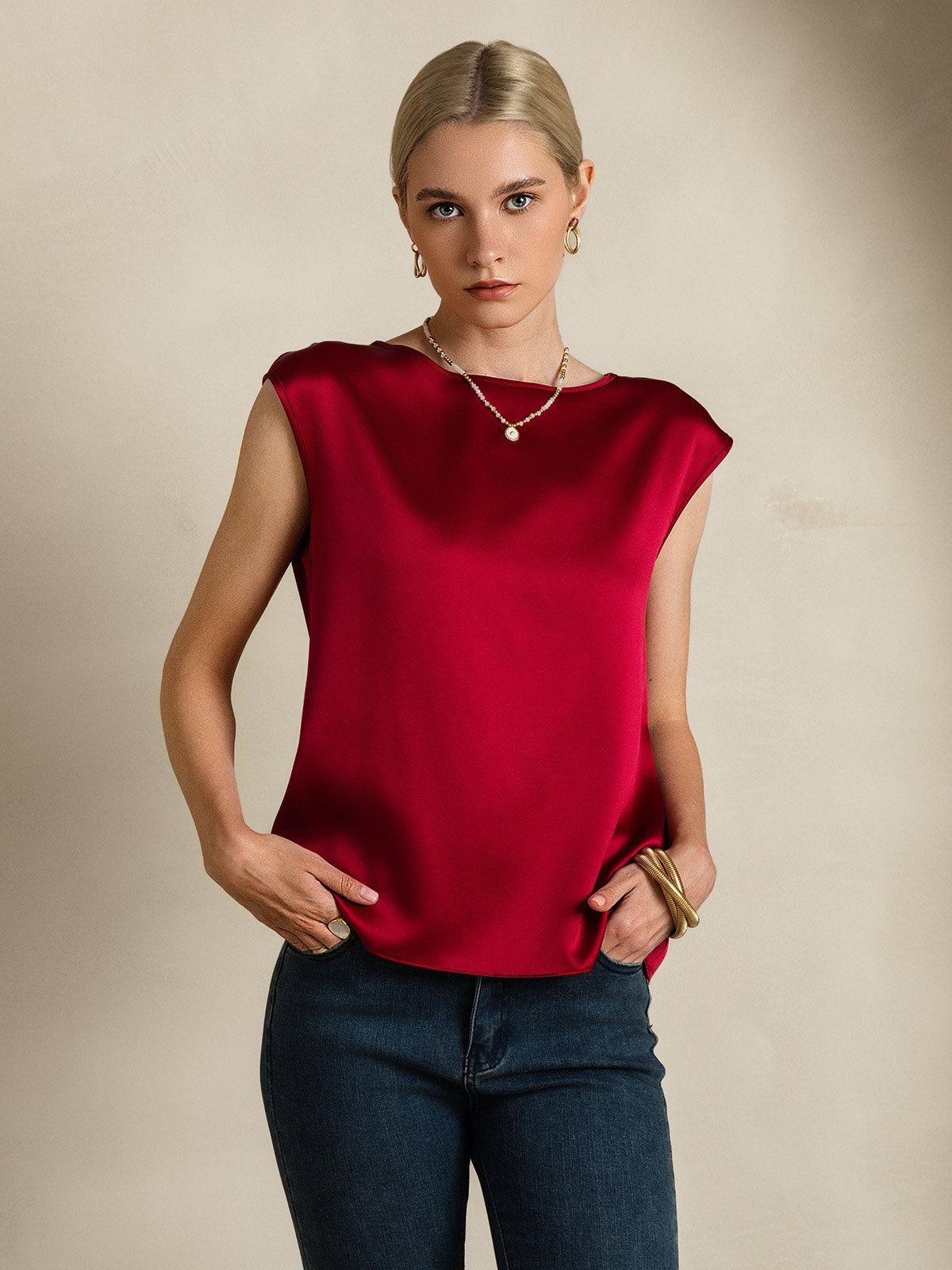 [Wine] SilkSilky-AU 19Momme Stretch Silk Charmeuse Cap Sleeve Round Neck Women's T-Shirt 006