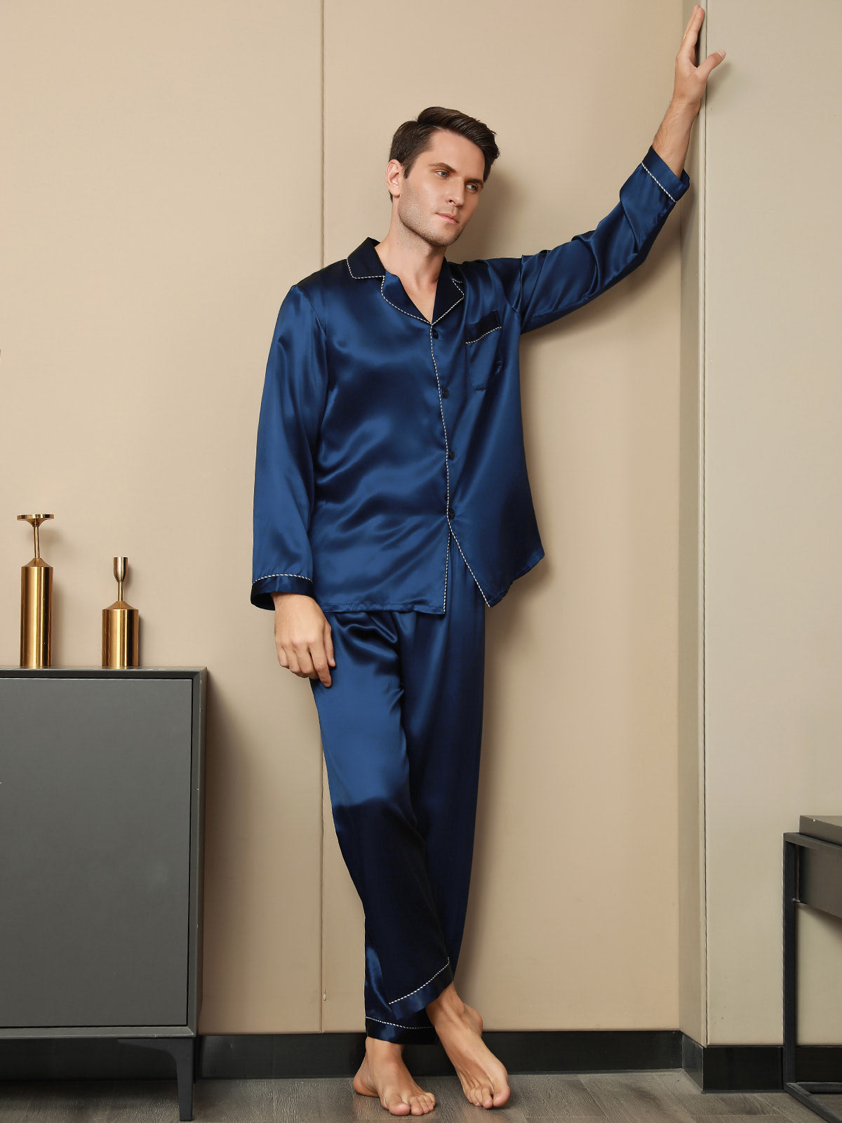 SilkSilky AU Pure Silk Long Sleeve Lapel Men's Pyjamas DarkBlue 003