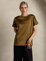 [Brown] SilkSilky-AU 19Momme Stretch Silk Charmeuse Short Sleeve Boat Neck Women's T-Shirt 006