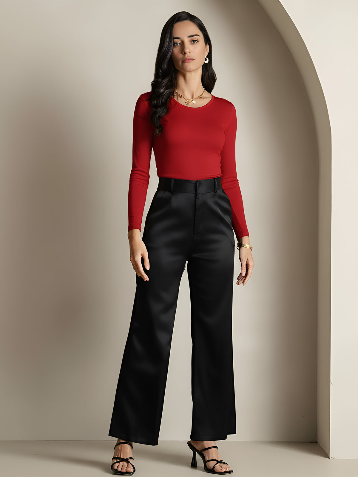 [Wine] SilkSilky-AU Silk Round Neck Women's T-Shirt 007,