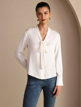 [White] SilkSilky-AU Long Sleeve Tie Neck Women's Blouse 003