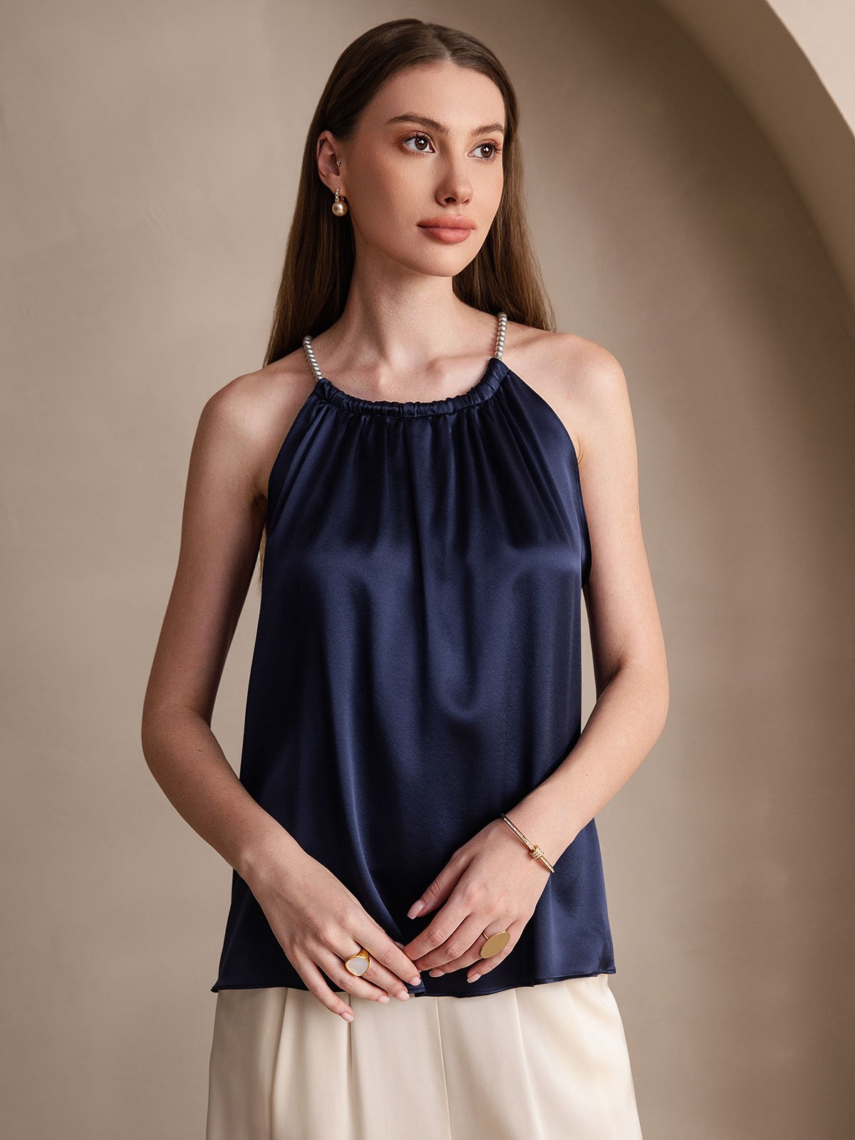 SilkSilky-AU 19Momme Silk Sleeveless Round Neck Camisole DarkBlue 001