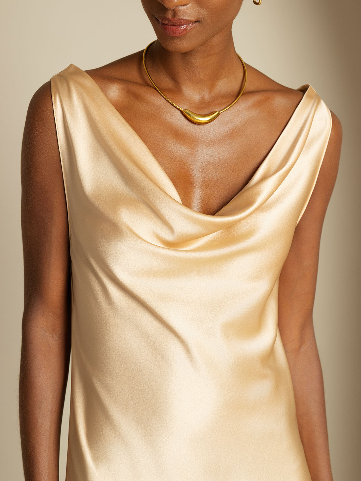 [Champagne] SilkSilky-AU 19Momme Silk Cowl Neck Dress 003