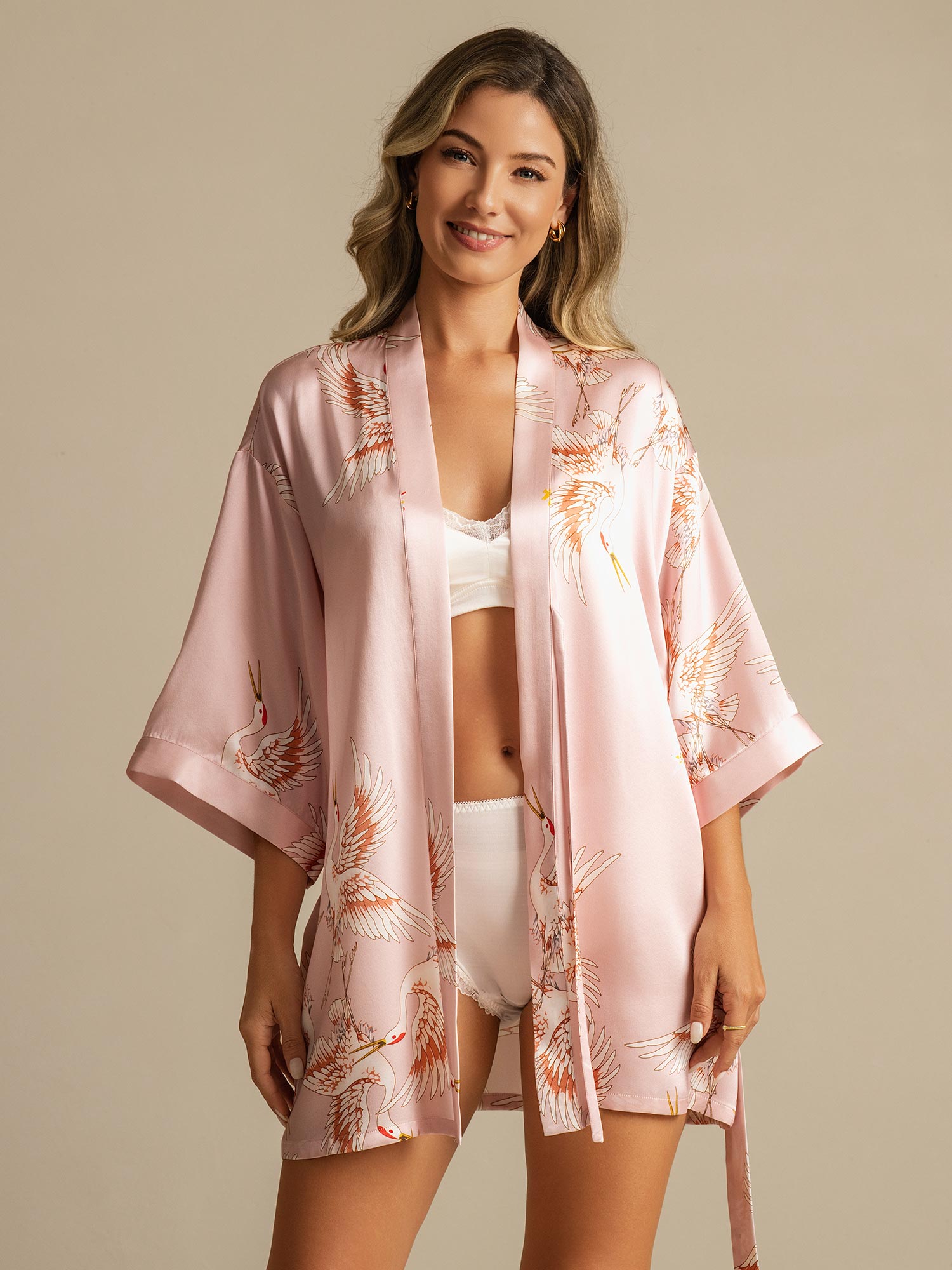 [Pink] SilkSilky-AU 3/4 Sleeve Deep V Neck Women's Dressing Gown 001