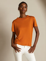 [Orange] SilkSilky-AU 100% Silk Jersey Short Sleeve Mock Neck Women's T-Shirt 005