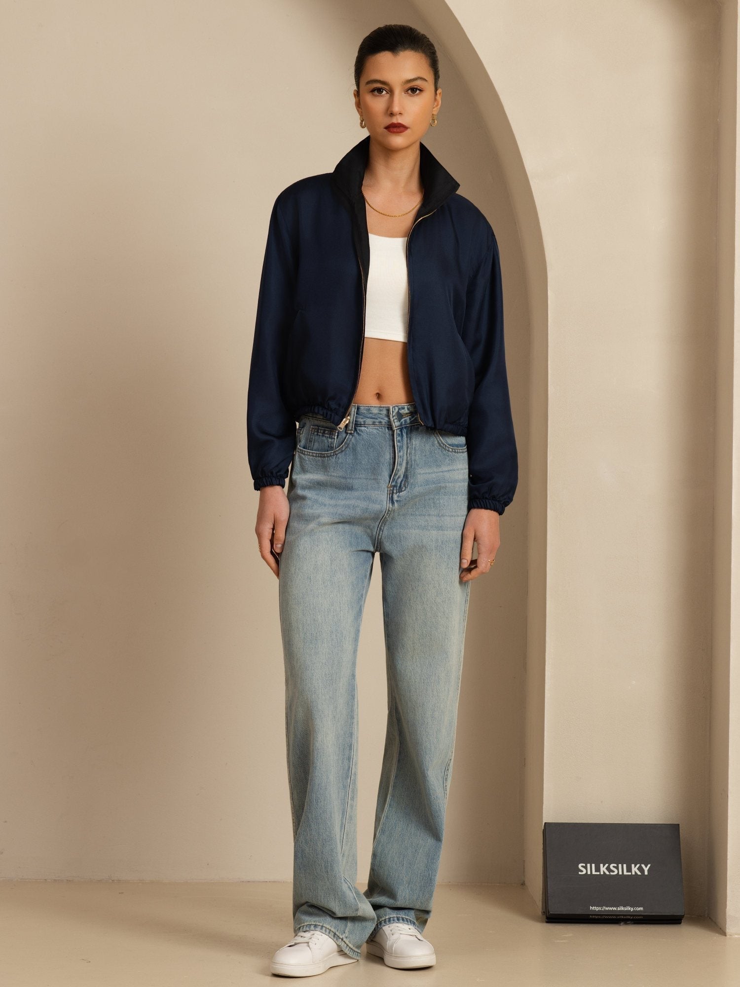 [Black+DarkBlue] SilkSilky-AU 18Momme Silk Satin Surah Long Sleeve Stand Collar Women's Outerwear 007