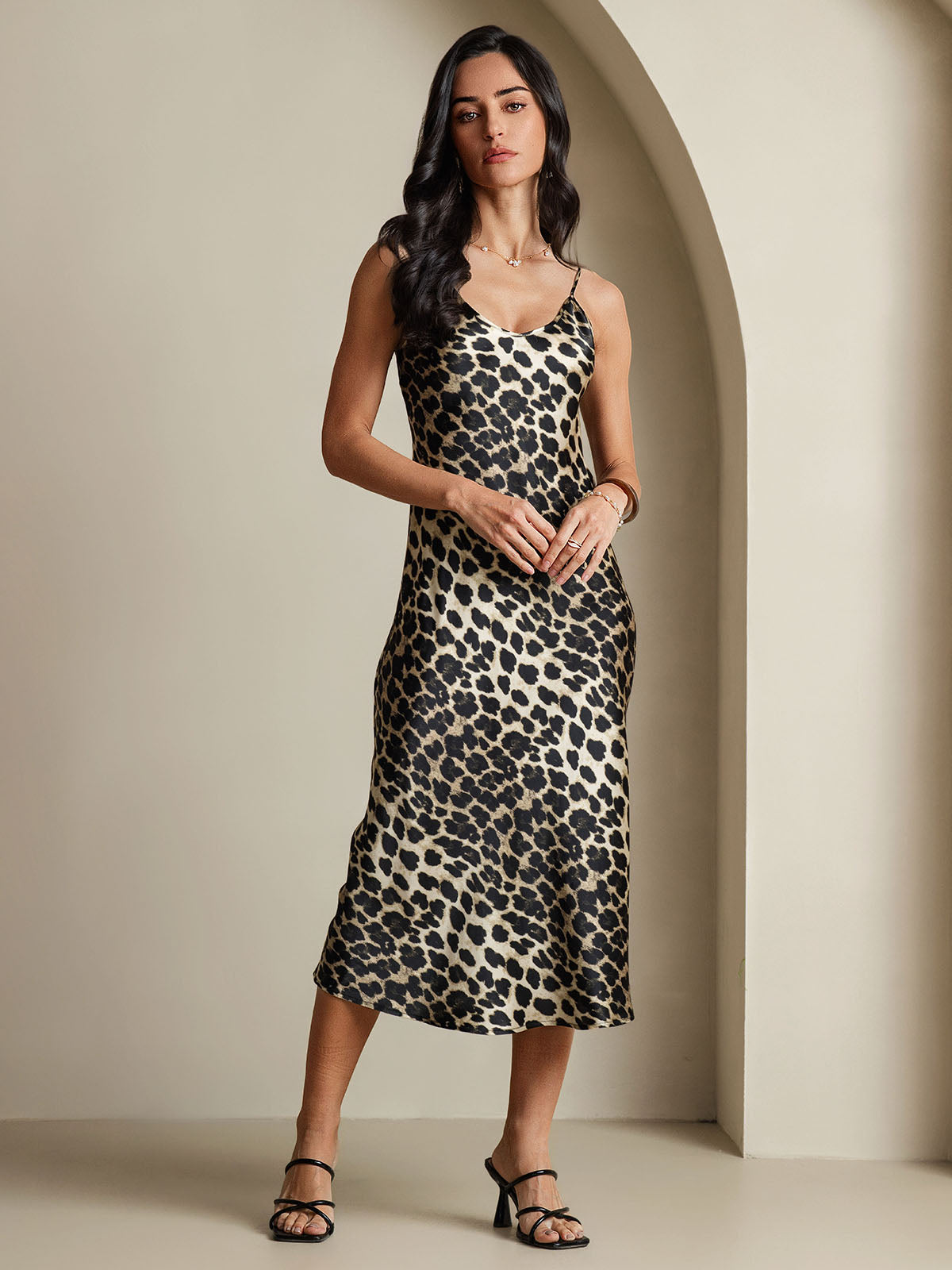 SilkSilky-AU Pure Silk Sleeveless Round Neck Nightgown Leopard 003