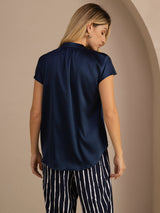 [Dark Blue] SilkSilky-AU Short Sleeve Split Women's Blouse 002