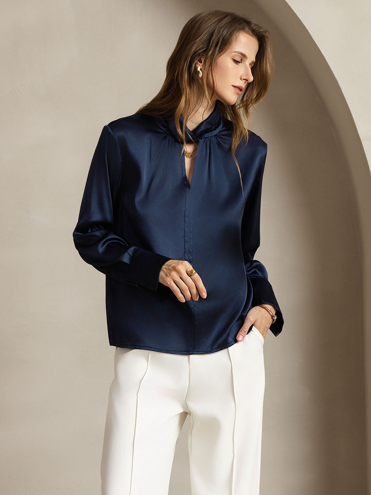 [DarkBlue] SilkSilky-AU 19Momme Silk Keyhole Neck Women's Shirt 006