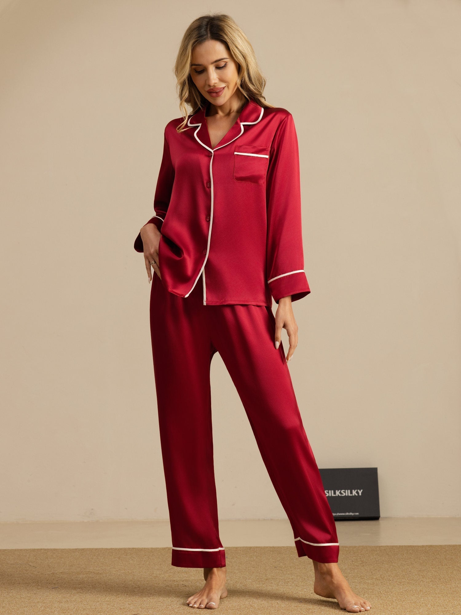 [Wine] SilkSilky-AU Pure Silk Long Sleeve Lapel Collar Women's Pyjamas 006