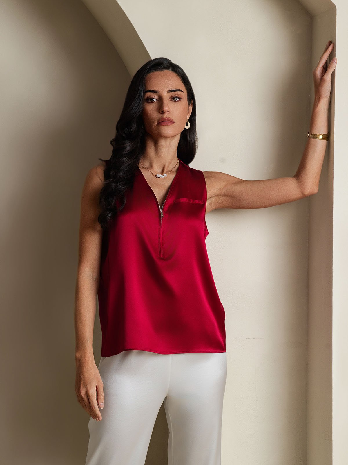 SilkSilky-AU 19Momme Silk Sleeveless V Neck Women's Shirt Wine 006
