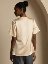 [Champagne] SilkSilky-AU Short Sleeve Cowl Neck Women's Blouse 002