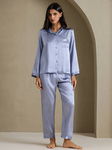[Steel Blue] SilkSilky-AU Long Sleeve Lapel Collar Women's Pyjamas 006