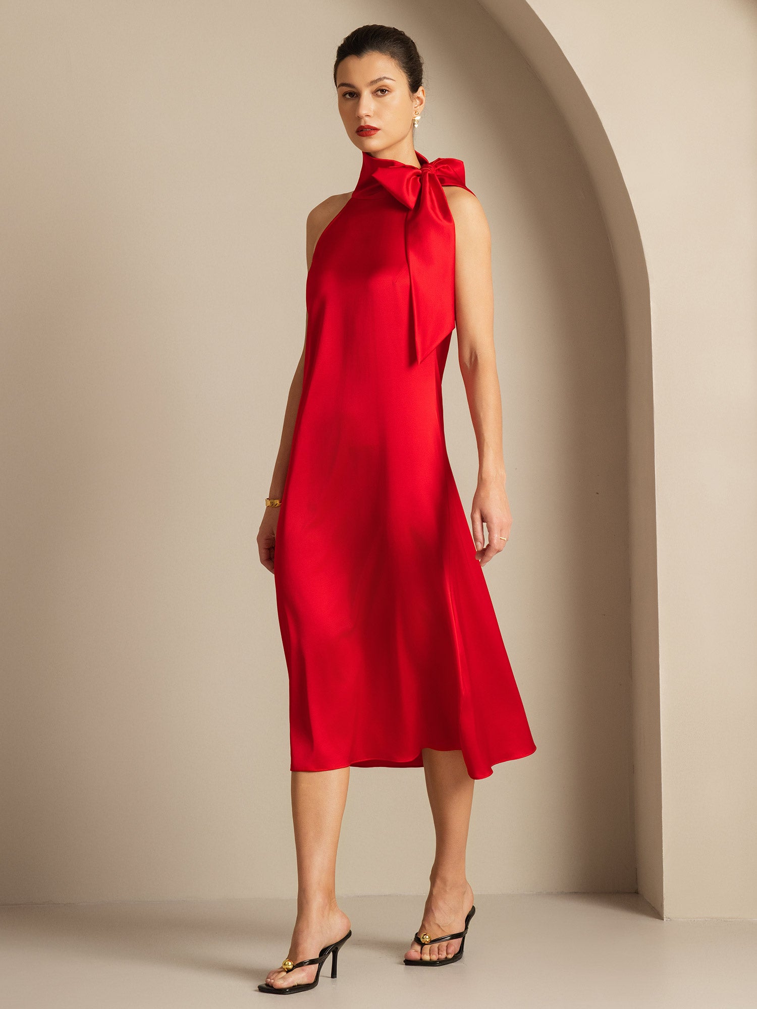 [Red] SilkSilky-AU 19Momme Silk Tie Neck Dress 006,