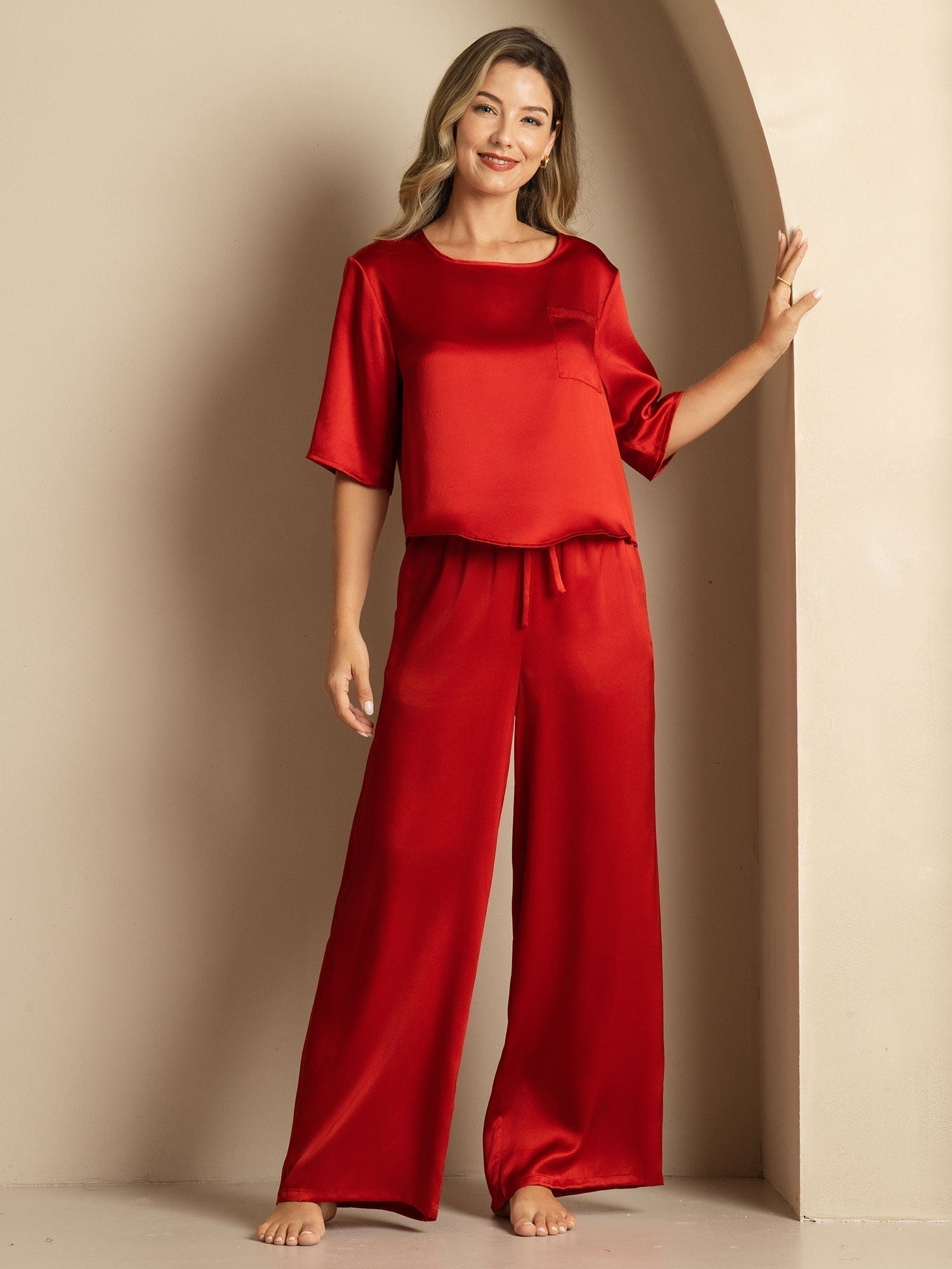 [Wine] SilkSilky-AU Half Sleeve Round Neck Women's Pyjamas 005