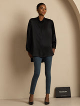 [Black] SilkSilky-AU 19Momme Stretch Silk Charmeuse Long Sleeve Stand Collar Blouse 006